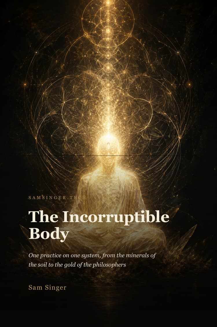 The cover of The Incorruptible Body, a luminous gold figure in meditation against black.