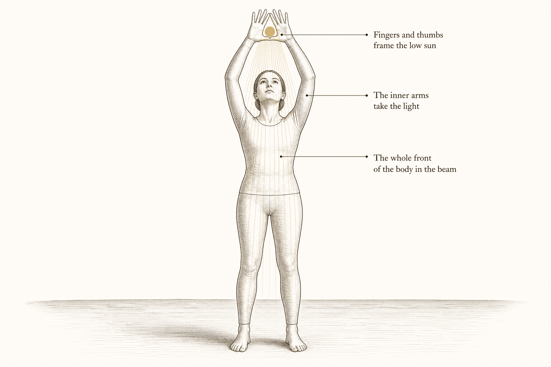 A standing figure raises both hands overhead so the fingers and thumbs frame a small opening holding the disc of the low sun, its rays falling down the face, the inner arms, and the chest.