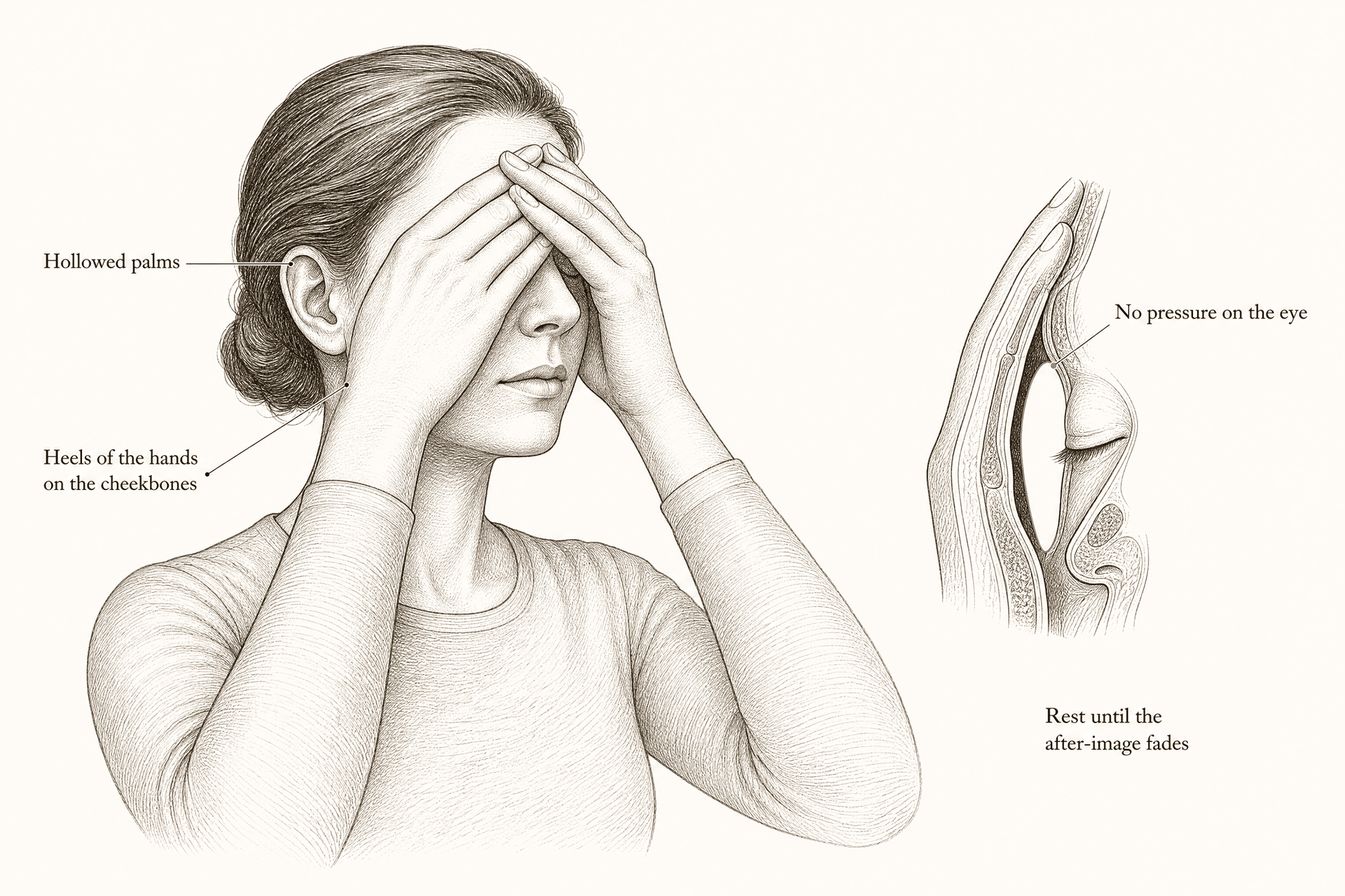 A figure rests slightly hollowed palms over both closed eyes without pressing, beside a sectional diagram showing the arch of the cupped palm standing clear of the closed lid.