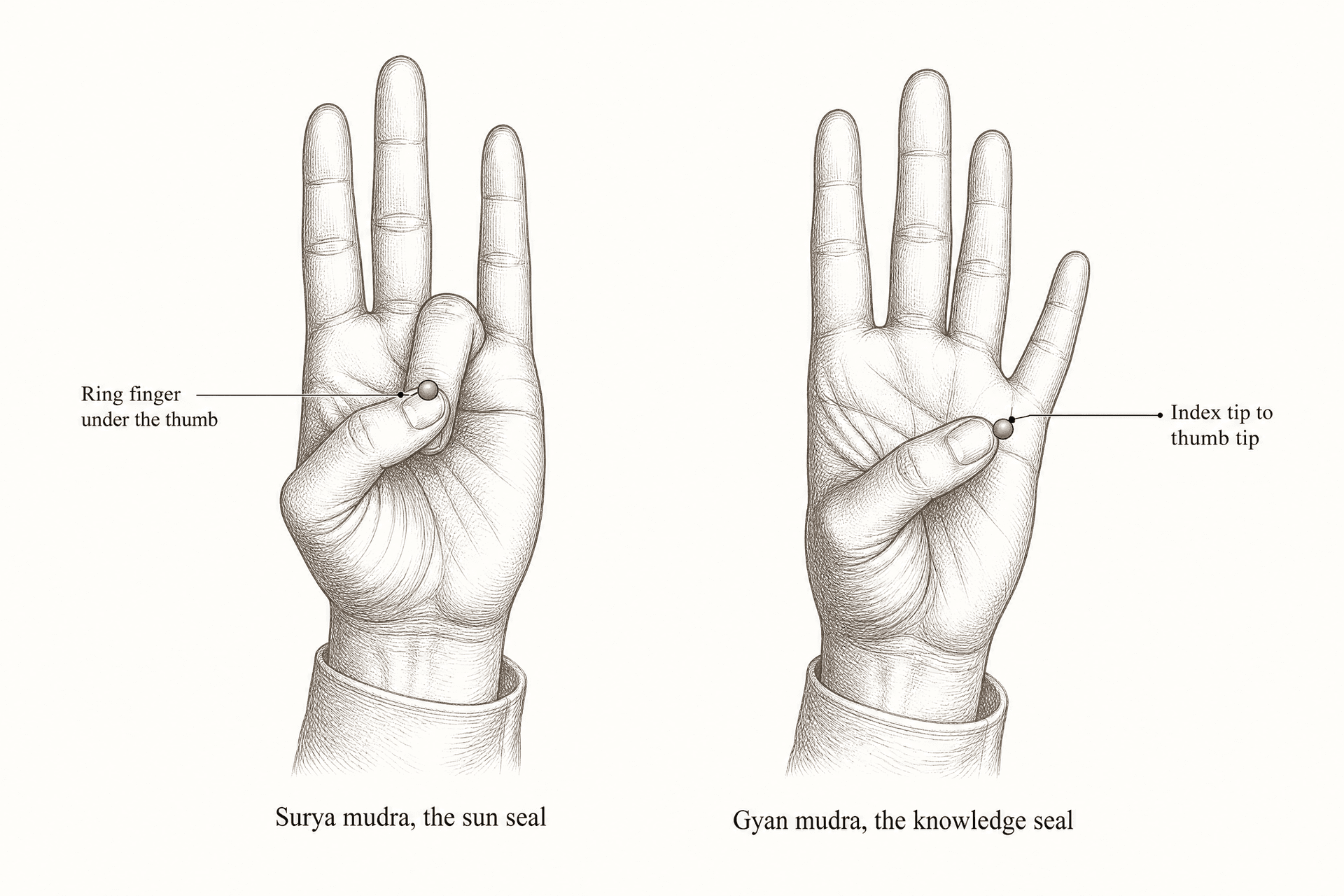 Two engraved hand studies side by side: one hand folds the ring finger under the pressing thumb with the other three fingers extended, the other joins index fingertip to thumb tip in a small ring.