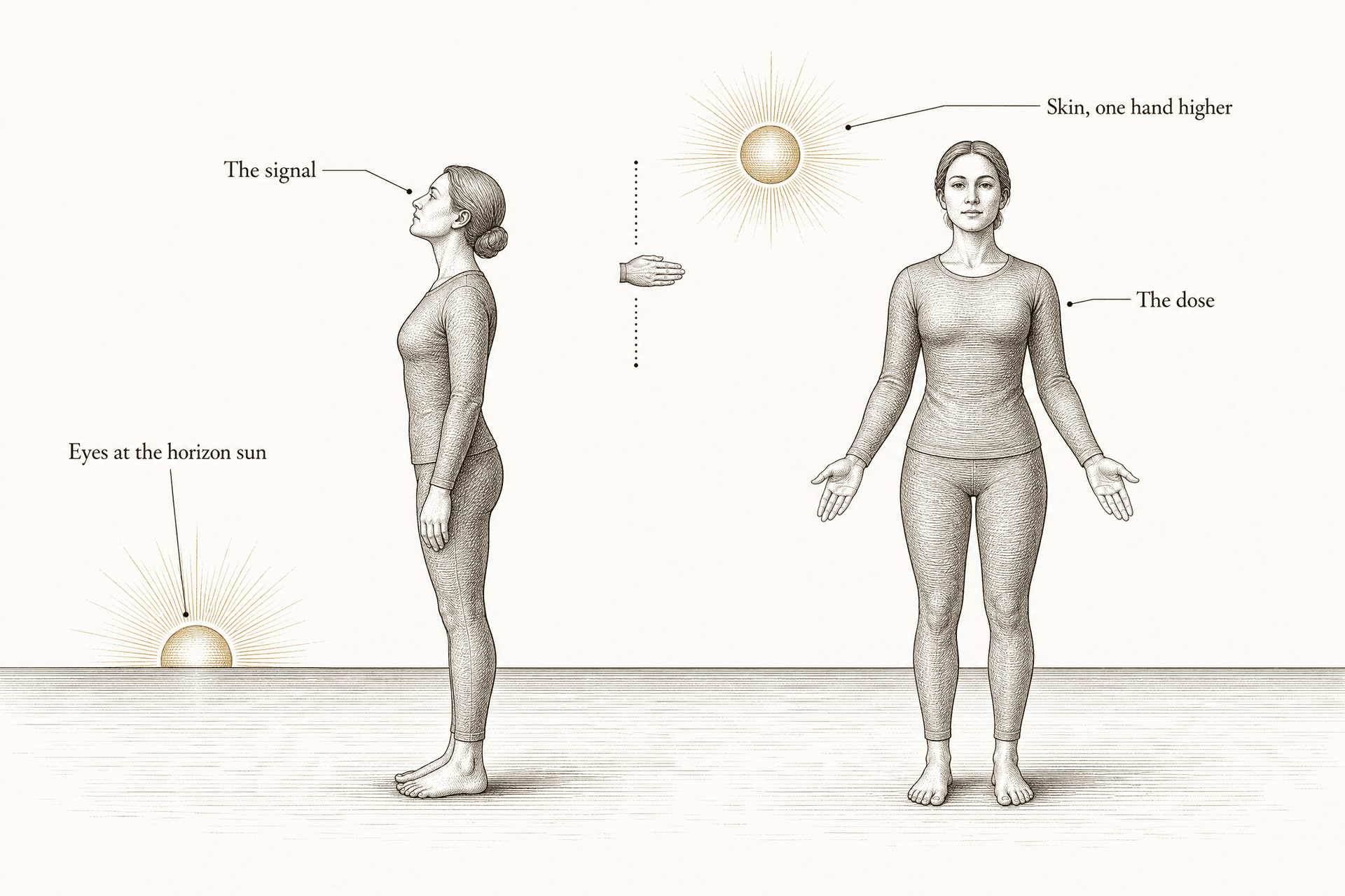 The same figure drawn twice under one horizon: gazing at a brass sun sitting on the horizon, and standing open-palmed beneath a sun one hand-width higher, the interval marked by a small engraved hand.
