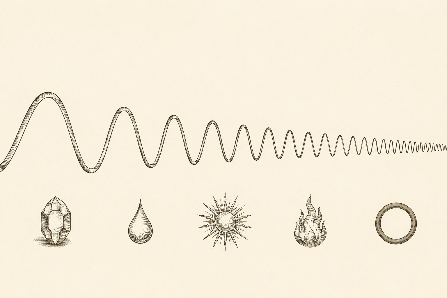 An engraved plate of a single wave refining from slow and heavy to fine and fast, five small emblems beneath it: a crystal, a drop, a sun, a flame, and a brass ring.