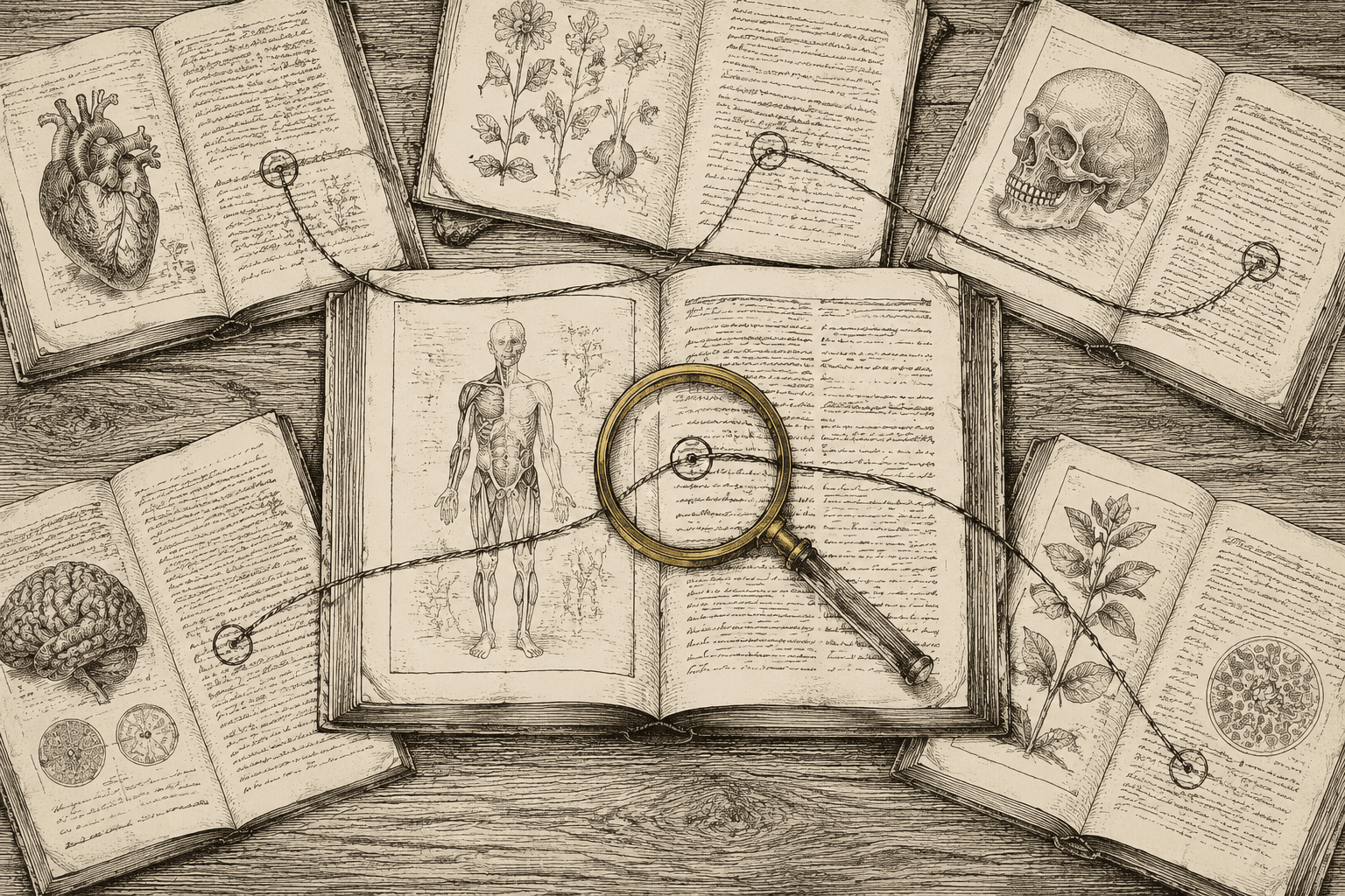 An engraved plate of open books and journals on a desk, one thread tying a marked line in the central text to a marked passage in each surrounding source, under a brass-rimmed magnifying lens.