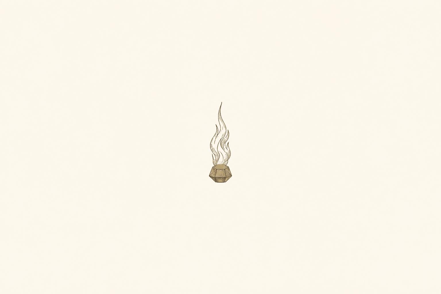 A small engraved tailpiece of a slender flame rising from a brass faceted crystal, alone on the ivory page.