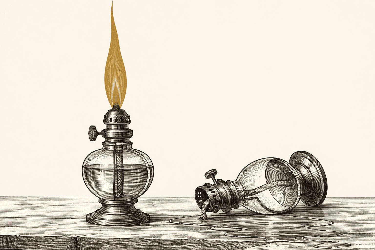 An engraved plate of two oil lamps, one standing full with a tall brass flame, the other tipped over, empty, its oil spilled across the bench.