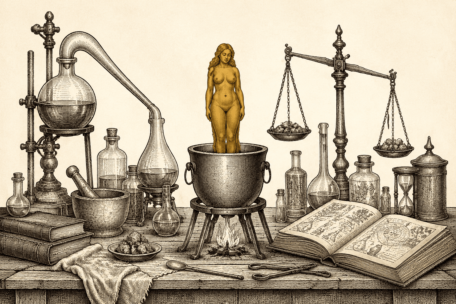 An engraved plate of an alchemist's bench with retorts, balance, and open folio, and a brass human figure standing inside the crucible where the metal should be.
