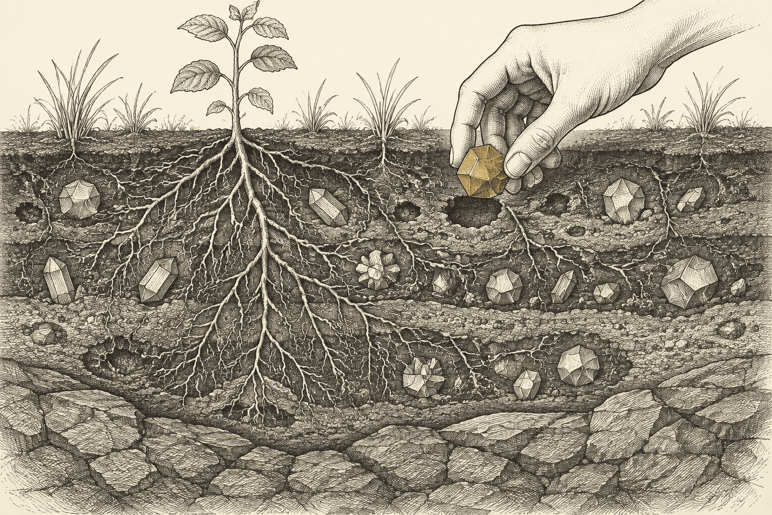 An engraved plate of a deep soil cross-section threaded with roots, faceted mineral crystals embedded in the strata, and a hand setting one brass crystal back into its socket.