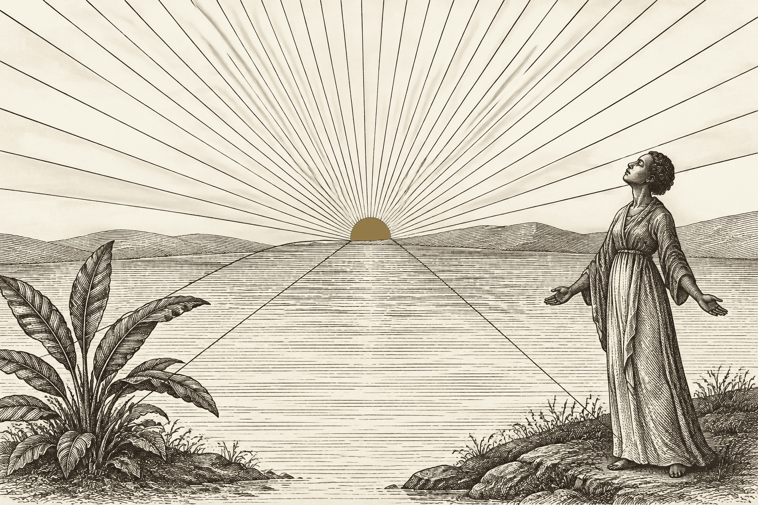 An engraved plate of a dawn sun whose ruled rays fall across still water onto a broad-leafed plant and a robed figure with lifted face.