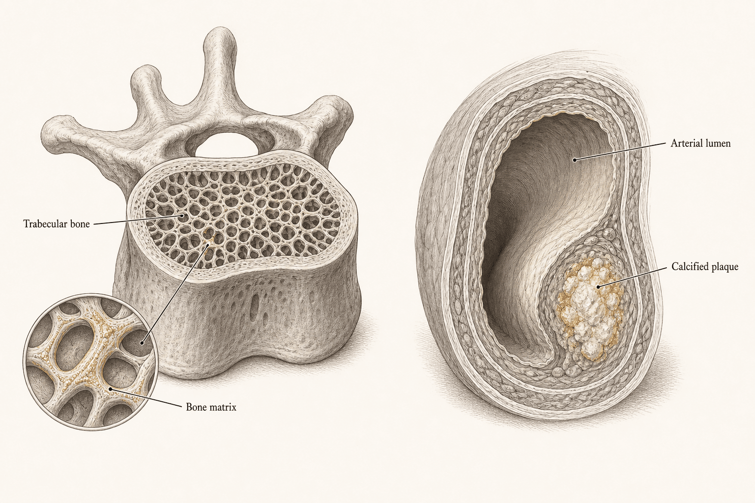 An engraved vertebral cutaway shows mineral incorporated into trabecular bone matrix beside an artery cross-section with an eccentric calcified plaque and a remaining lumen.