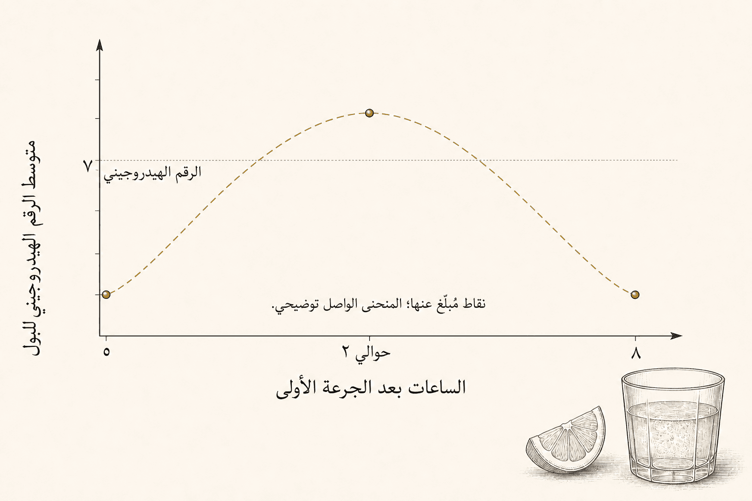 رسم بياني موسوم بوضوح لحموضة البول: خطّ الأساس عند الساعة صفر، ومتوسط فوق حموضة 7 عند ساعتين تقريباً، وعودة إلى خطّ الأساس بحلول الثامنة.