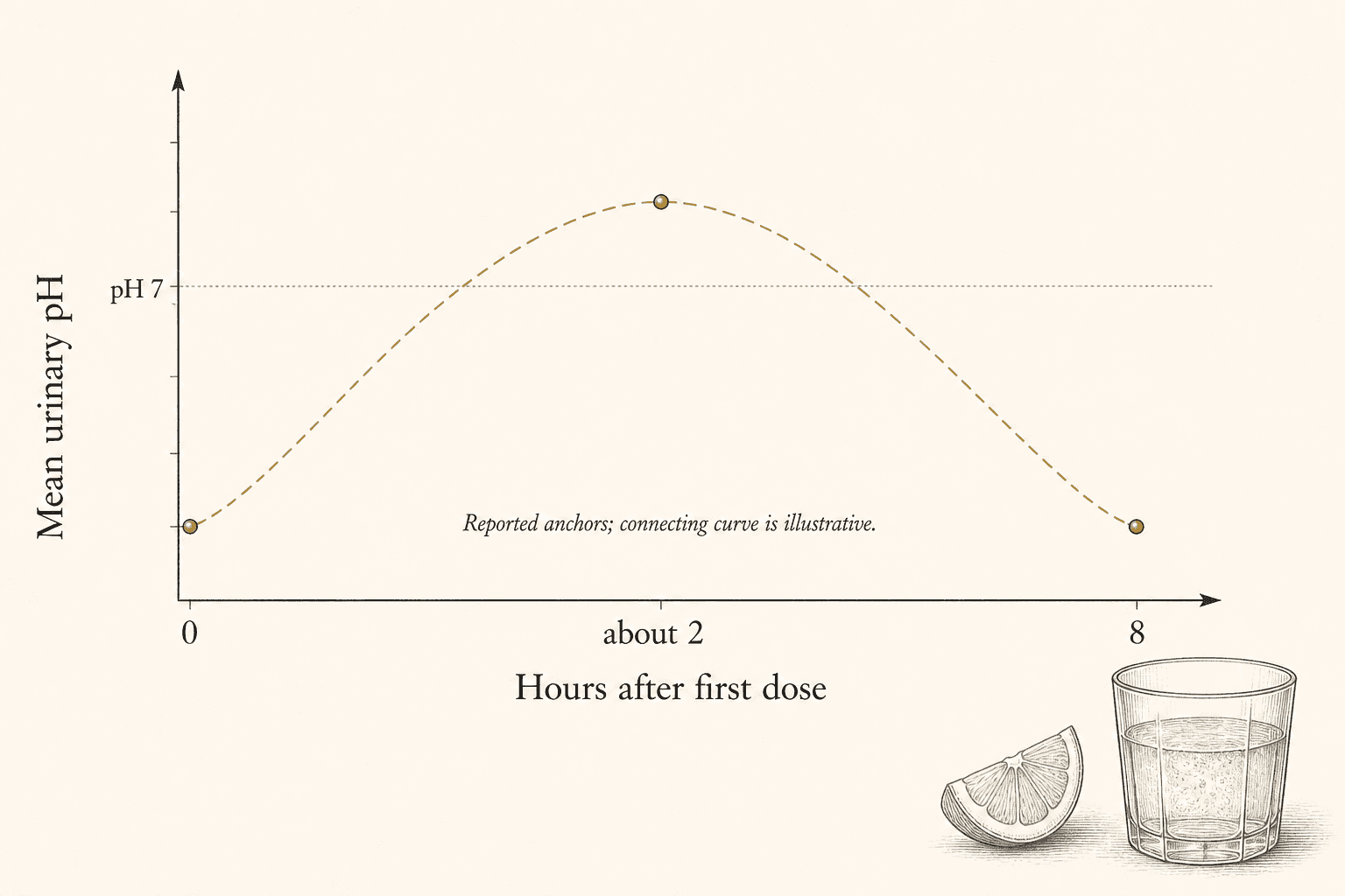 A clearly labelled urinary pH graph: baseline at zero hours, mean above pH 7 at about two hours, and return to baseline by eight hours.