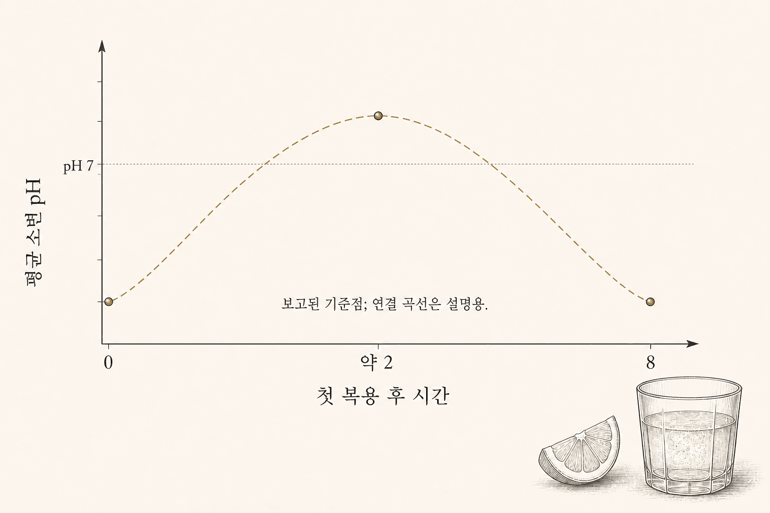 분명하게 이름 붙인 소변 pH 그래프: 0시간의 기준선, 약 두 시간에 평균 pH 7을 넘음, 그리고 여덟 시간이면 기준선으로 복귀.