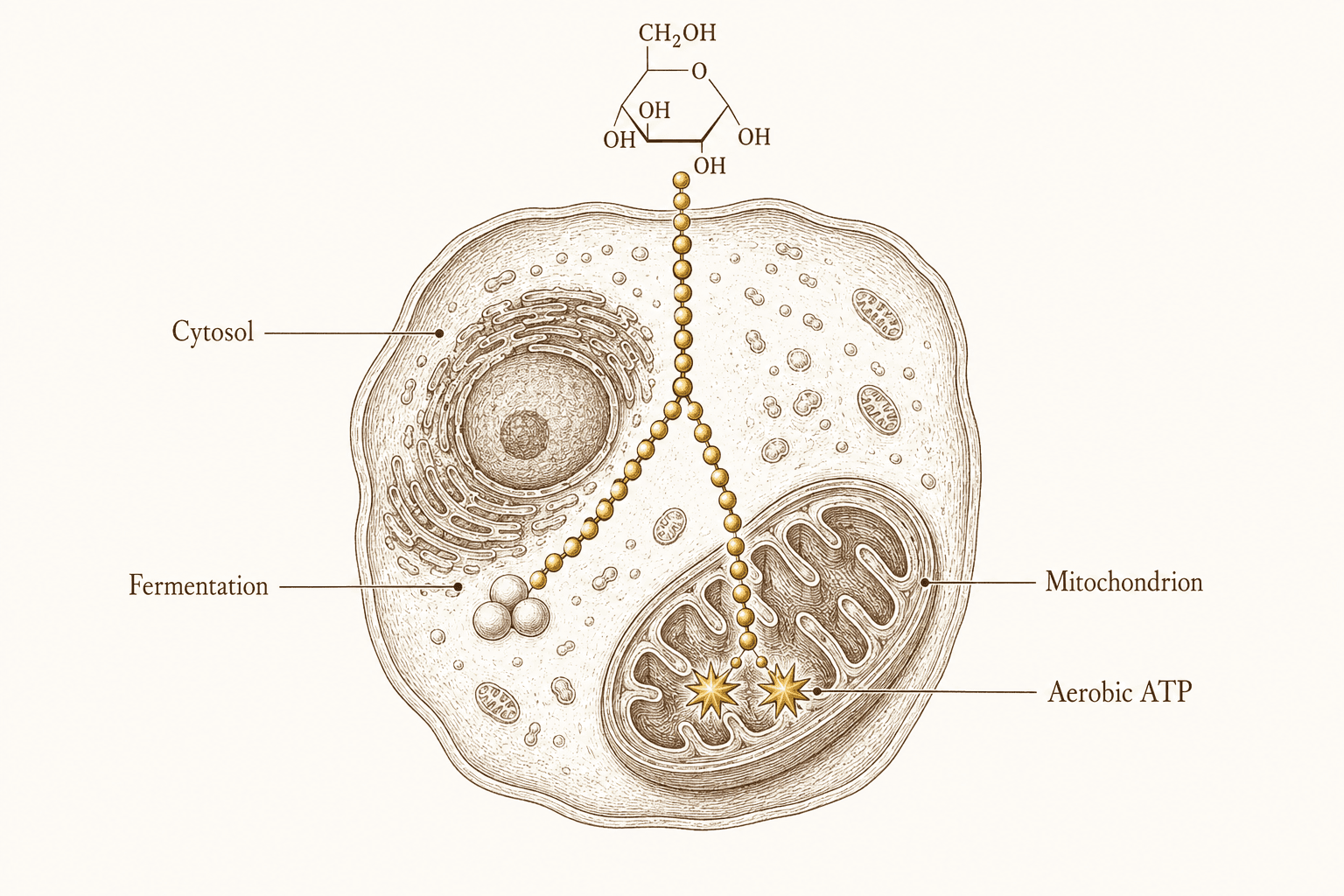 A cell cutaway shows glycolysis in the cytosol branching toward fermentation or into a mitochondrion for aerobic ATP production.