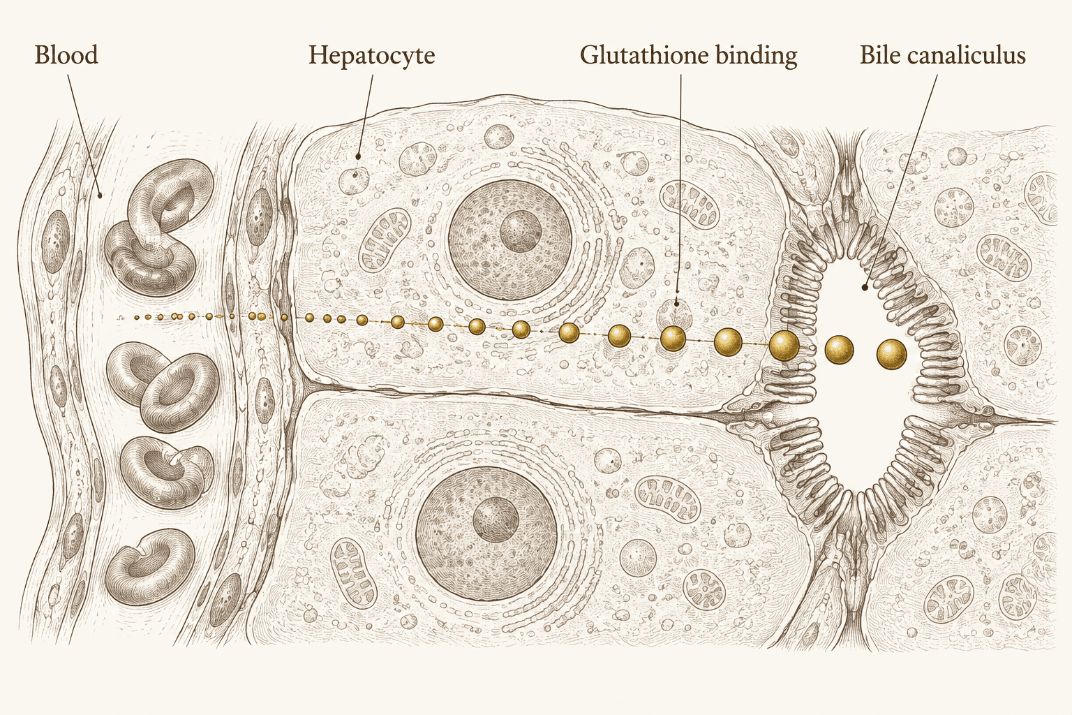 A liver microanatomy cutaway traces material from sinusoidal blood into a hepatocyte, through glutathione binding, and into a bile canaliculus.