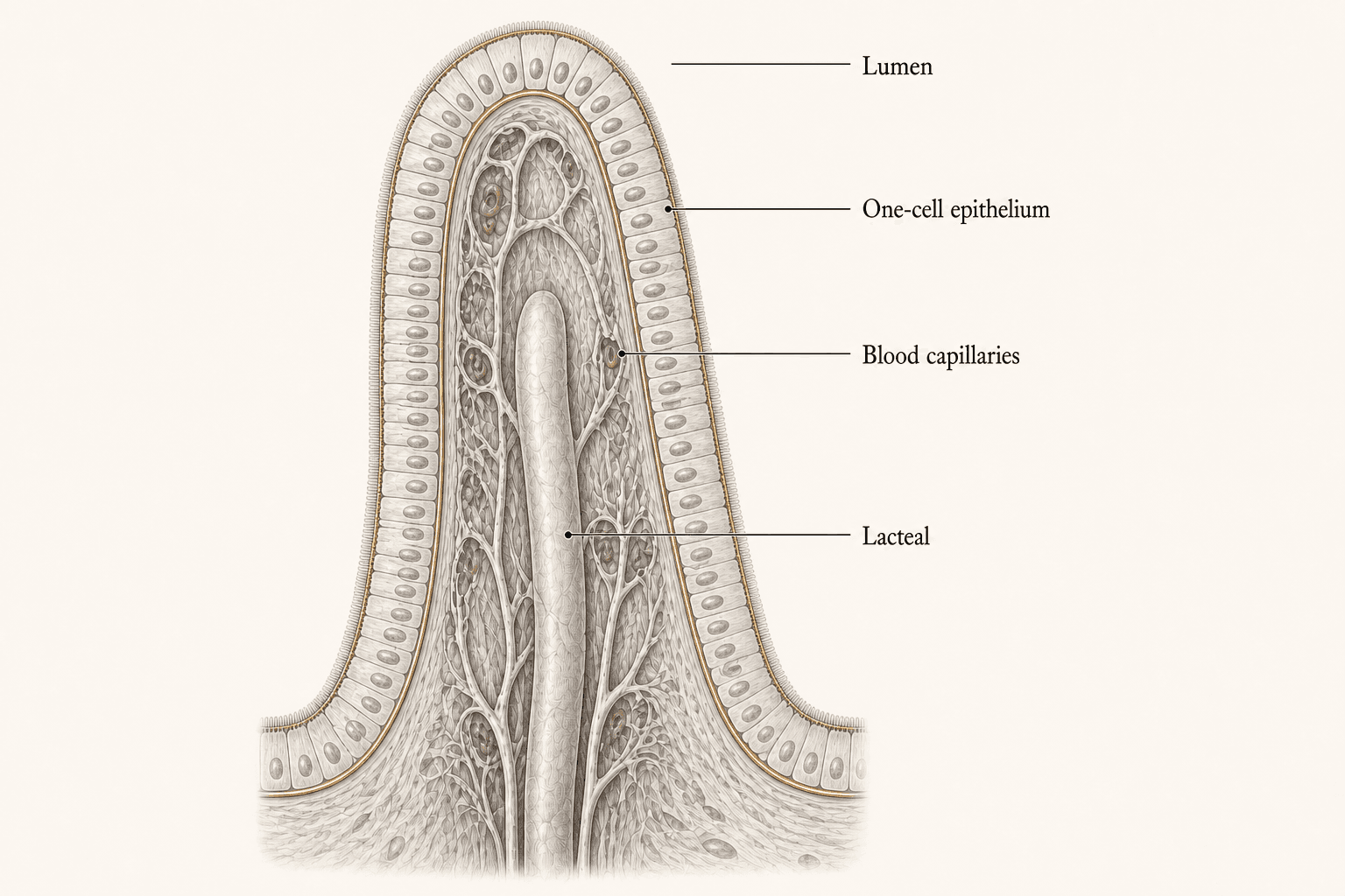 A small-intestinal villus cutaway distinguishes the lumen, one-cell epithelium, blood capillaries, and central lacteal.