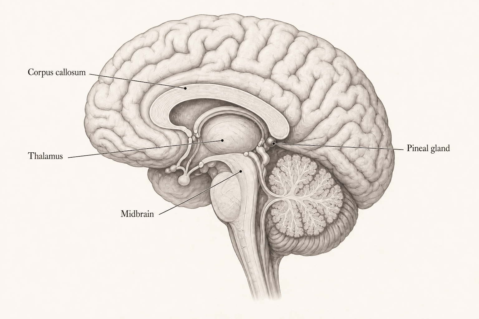 A midsagittal brain cutaway locates the pineal gland behind the thalamic region, above the midbrain, and below the corpus callosum.