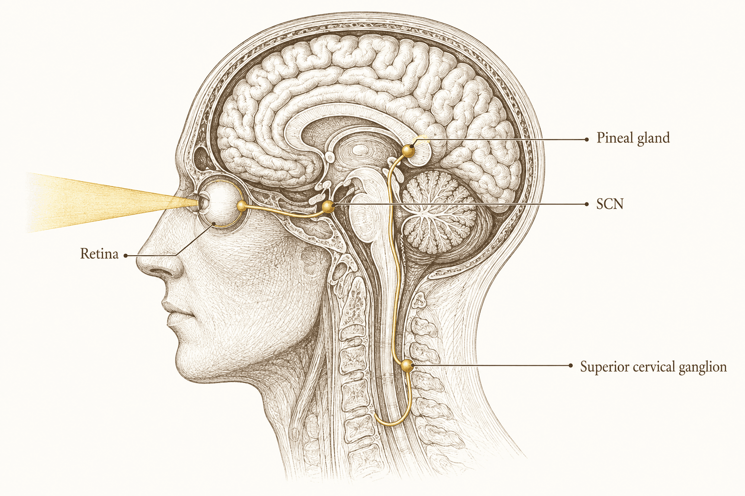 A sagittal head and neck cutaway shows daylight ending at the retina and a neural route passing through the SCN, spinal sympathetic outflow, superior cervical ganglion, and pineal gland.