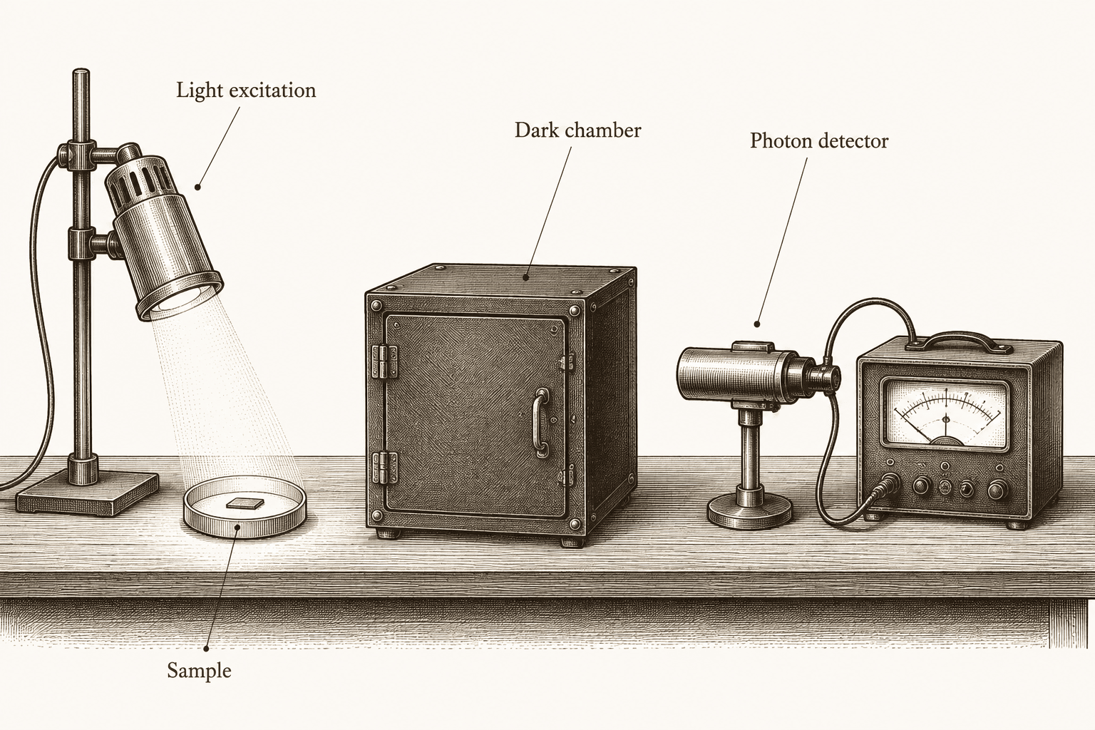 A laboratory sequence shows a sample receiving light excitation, entering a dark chamber, and sending faint delayed photons to a detector.