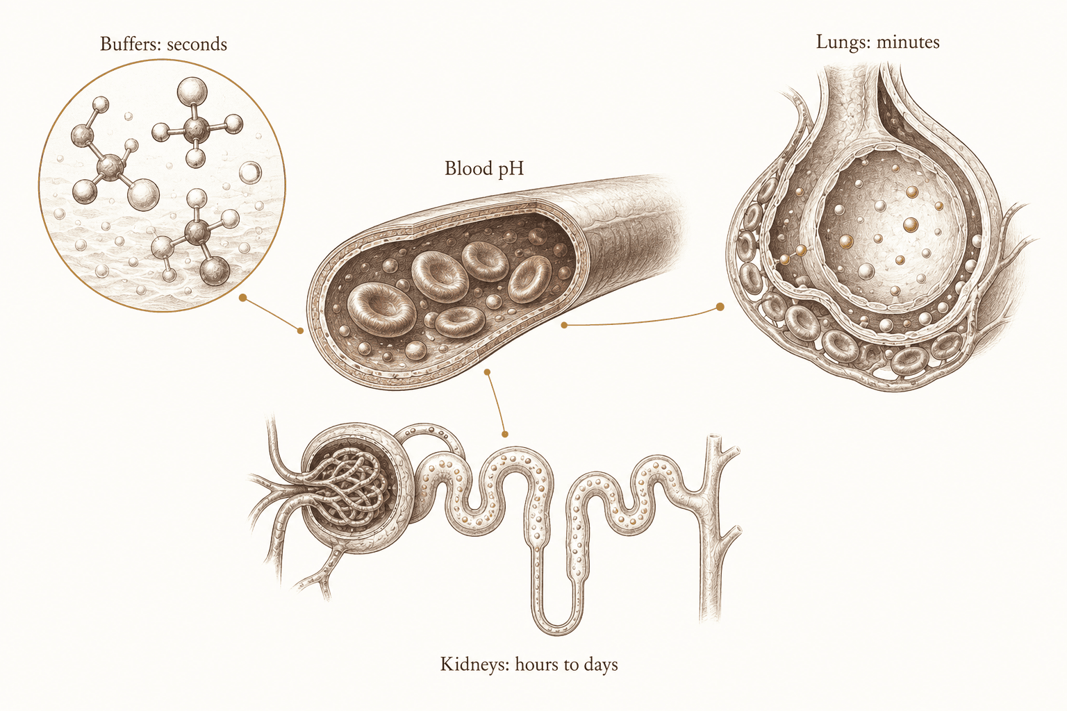 A physiology plate connects blood with chemical buffers, a lung alveolus and capillary, and a nephron on three different response timescales.