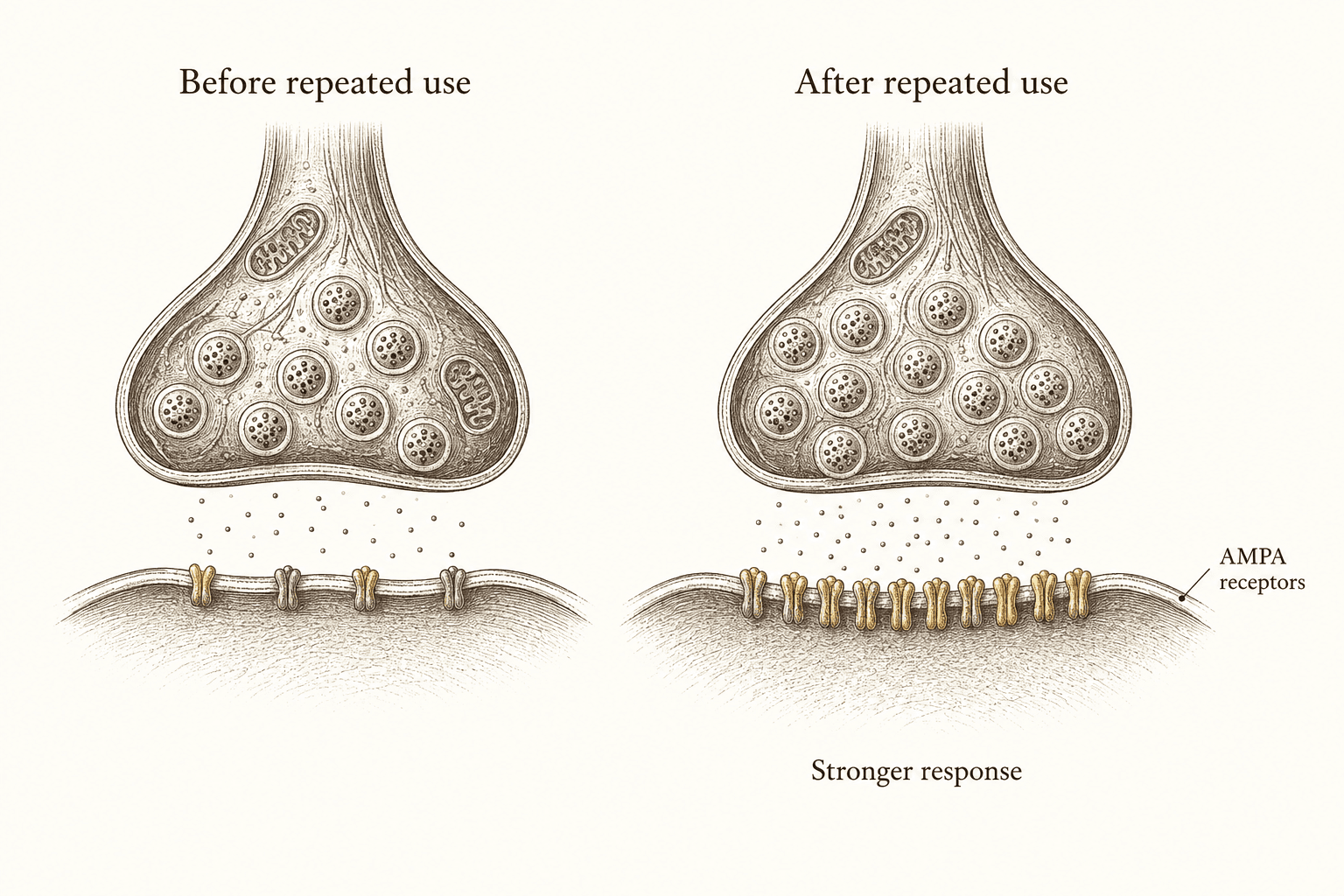 Matched synapse cutaways show more AMPA receptors in the postsynaptic membrane after repeated activation than before it.