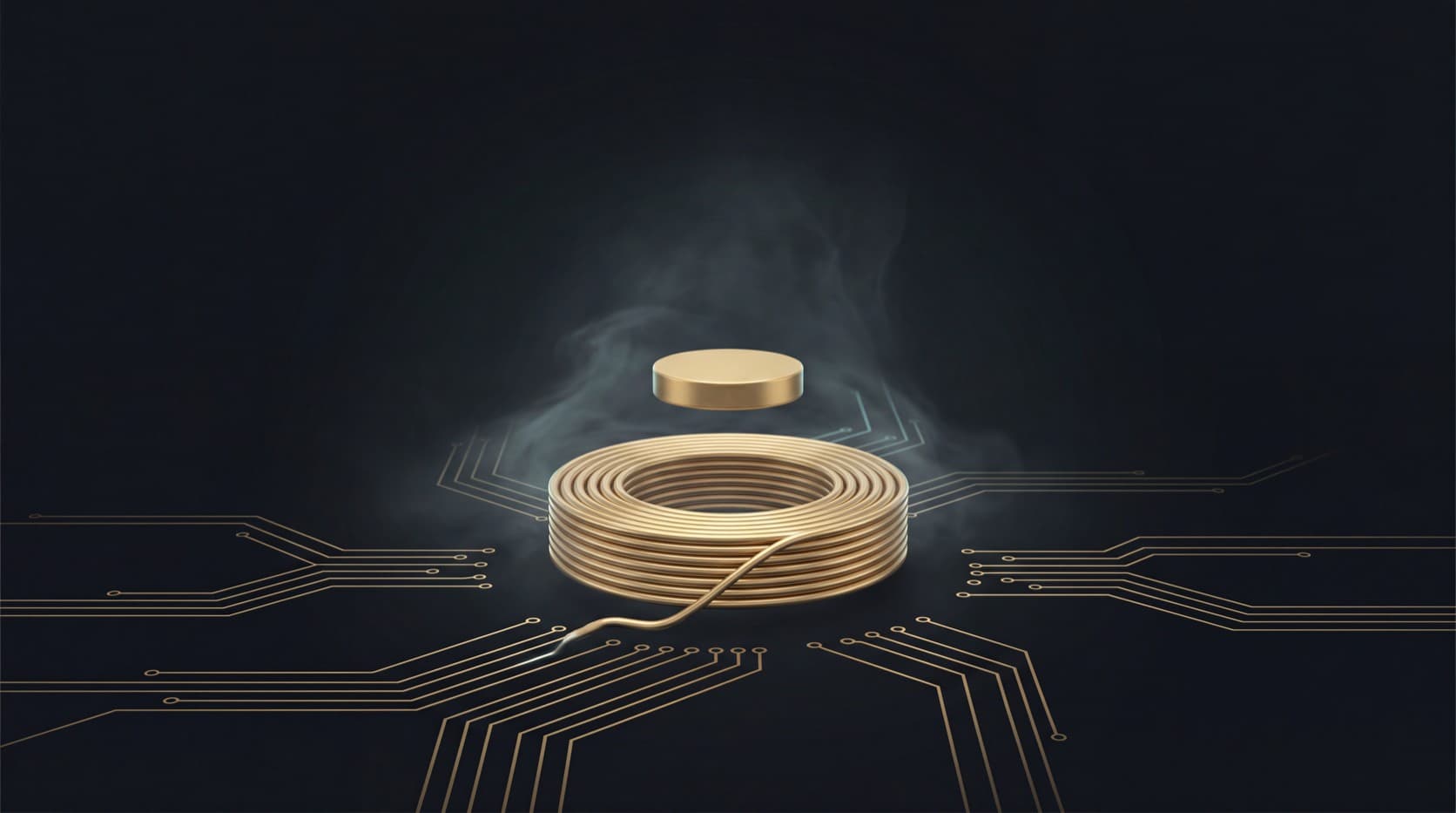 A small gold disc levitating above a coil amid faint cold vapour, rendered in aurum gold with restrained pale-cyan accents on obsidian, fine gold circuit traces branching across the lower field.