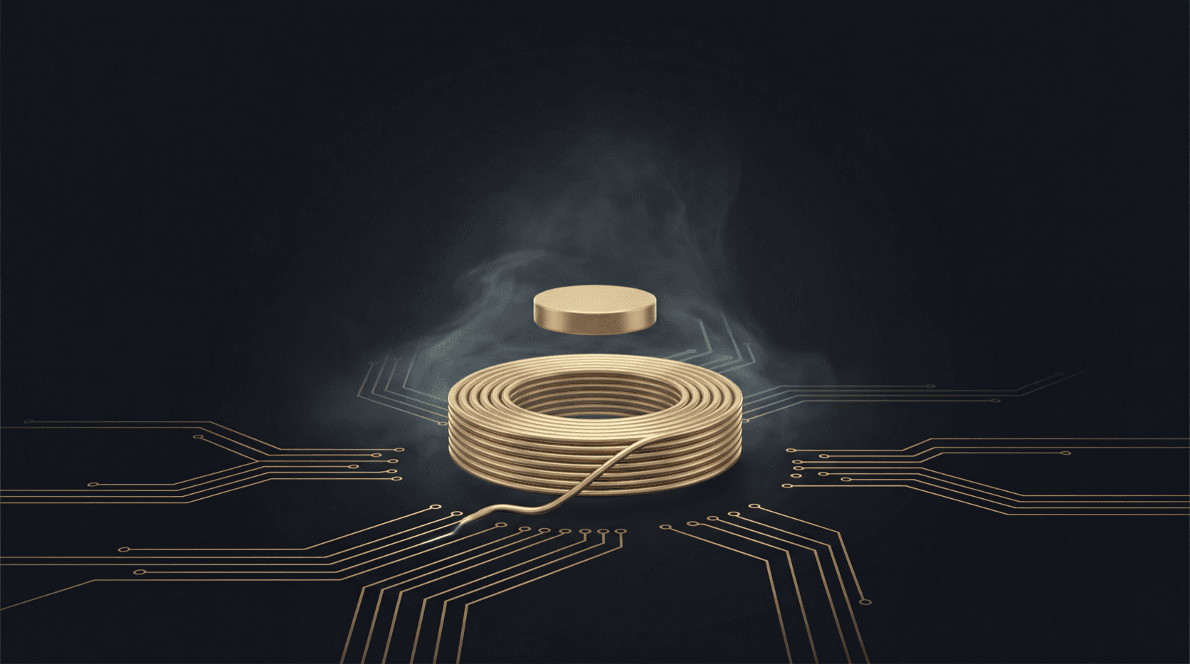 A small gold disc levitating above a coil amid faint cold vapour, rendered in aurum gold with restrained pale-cyan accents on obsidian, fine gold circuit traces branching across the lower field.