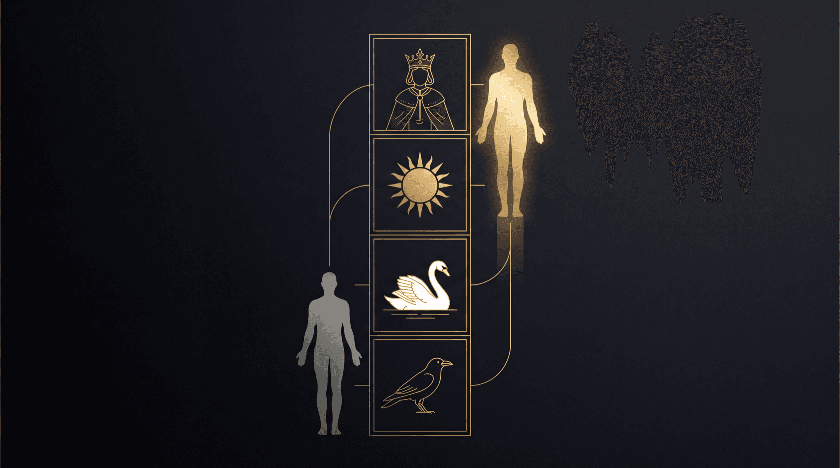 A vertical alchemical ascent in aurum on obsidian, a human silhouette transmuting from dull grey at the base through stages of light to radiant gold at the summit.