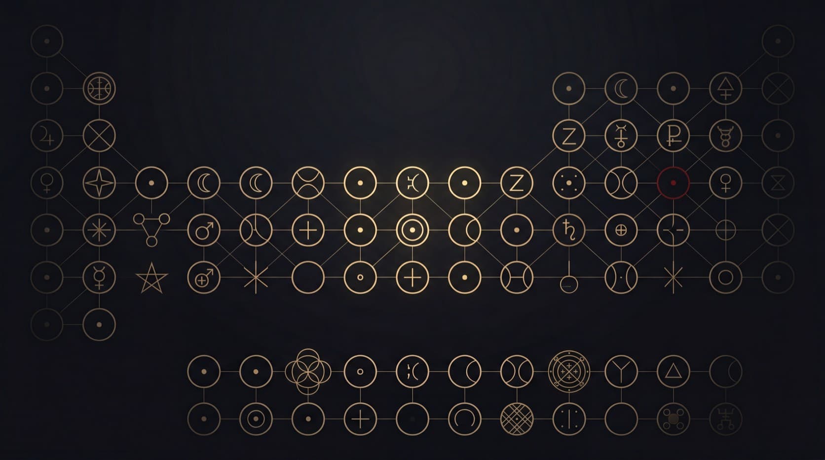A constellation of alchemical metal sigils in aurum hairline linework on obsidian, the noble metals glowing steady and luminous at the centre while base metals sit dim and tarnished at the outer edge.