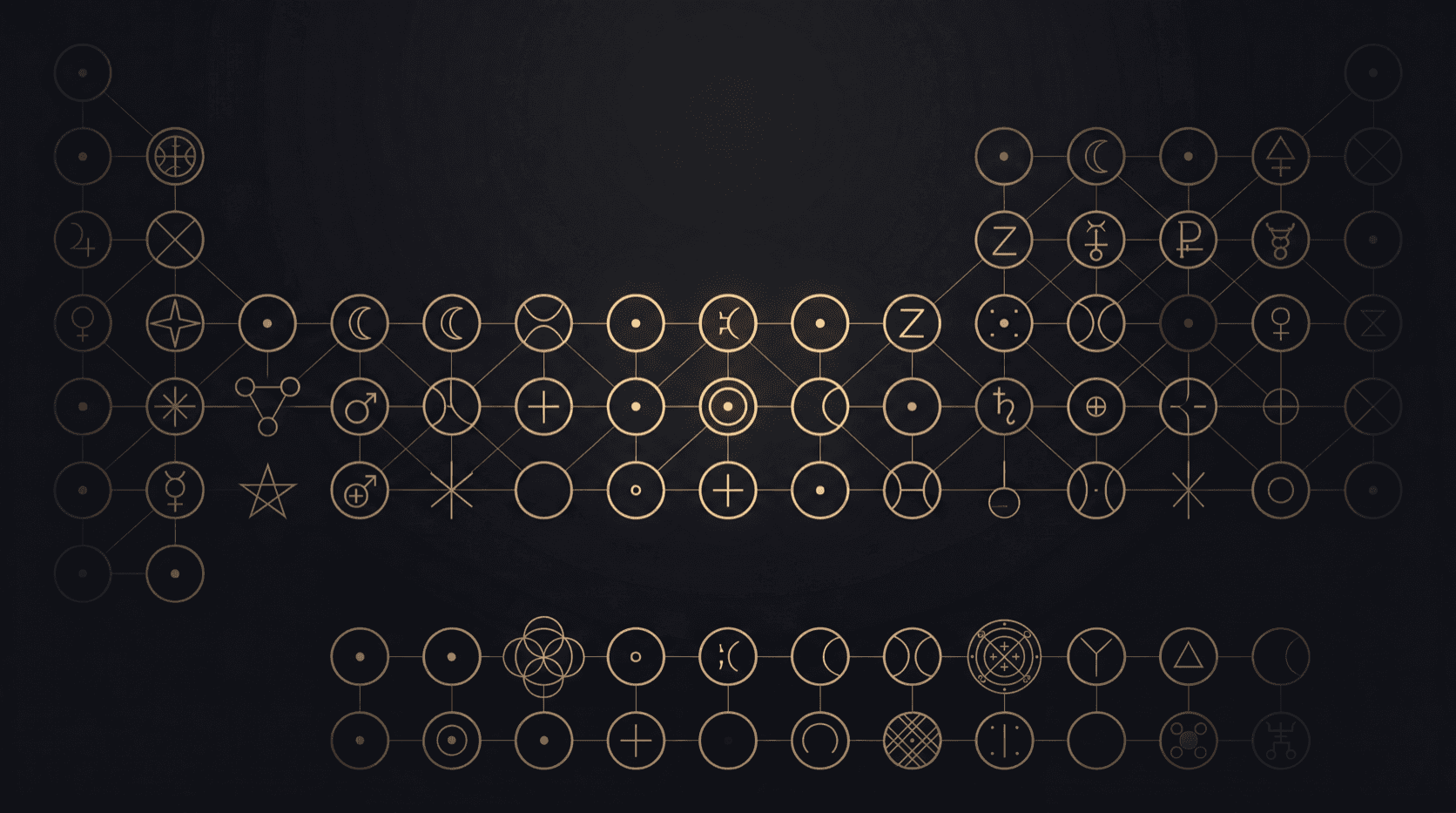 A constellation of alchemical metal sigils in aurum hairline linework on obsidian, the noble metals glowing steady and luminous at the centre while base metals sit dim and tarnished at the outer edge.