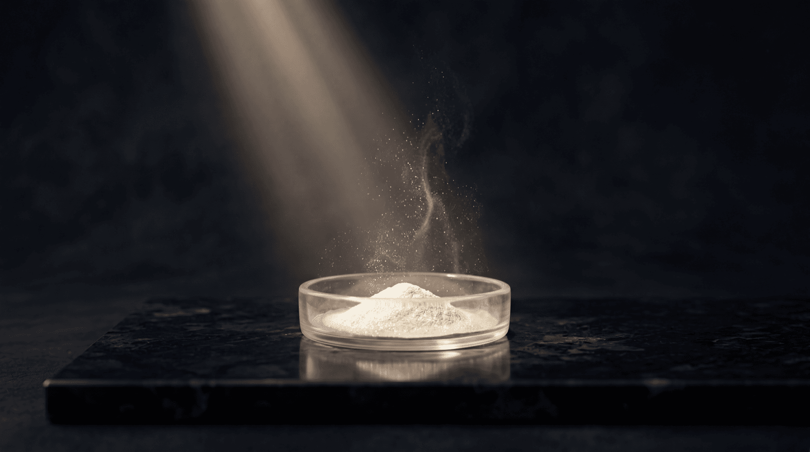 A shallow quartz crucible holding a small mound of luminous white-gold powder under a shaft of soft light, fine aurum particles lifting from its surface, set on a polished obsidian field.