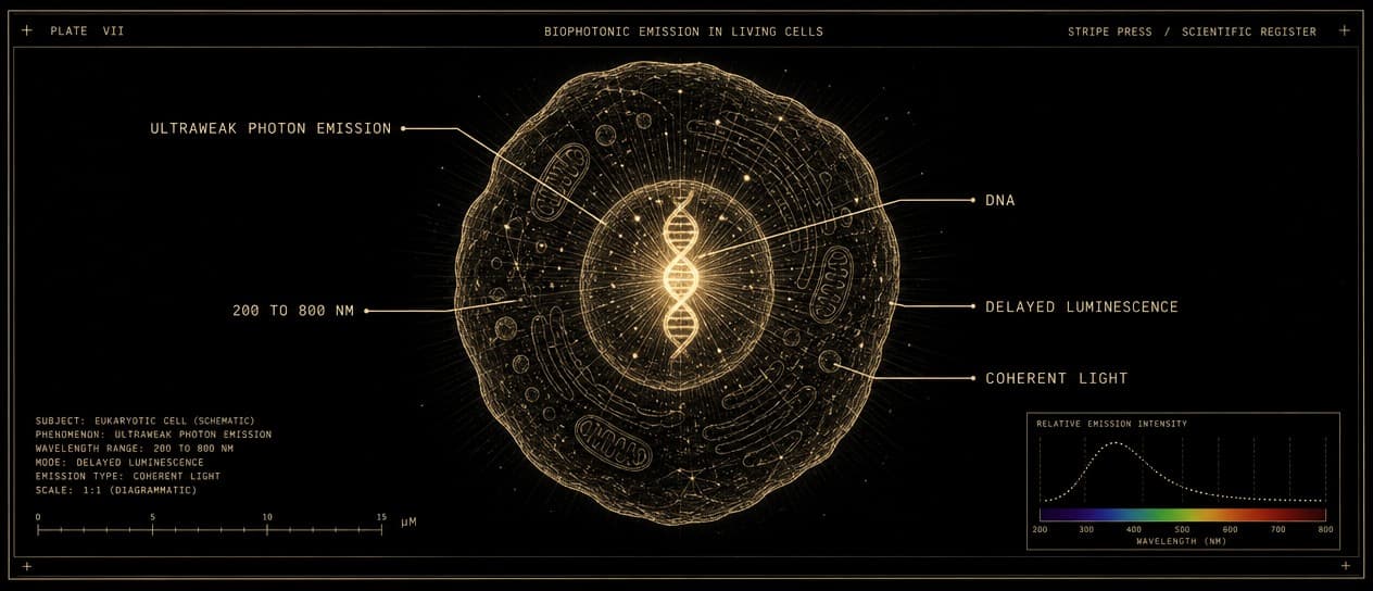 A labeled diagram in aurum on obsidian of a single glowing cell with a DNA double helix at its centre, emitting fine radiating light rays. Aurum leader lines annotate ultraweak photon emission, DNA, 200 to 800 nm, delayed luminescence, and coherent light, with an emission spectrum bar beneath.