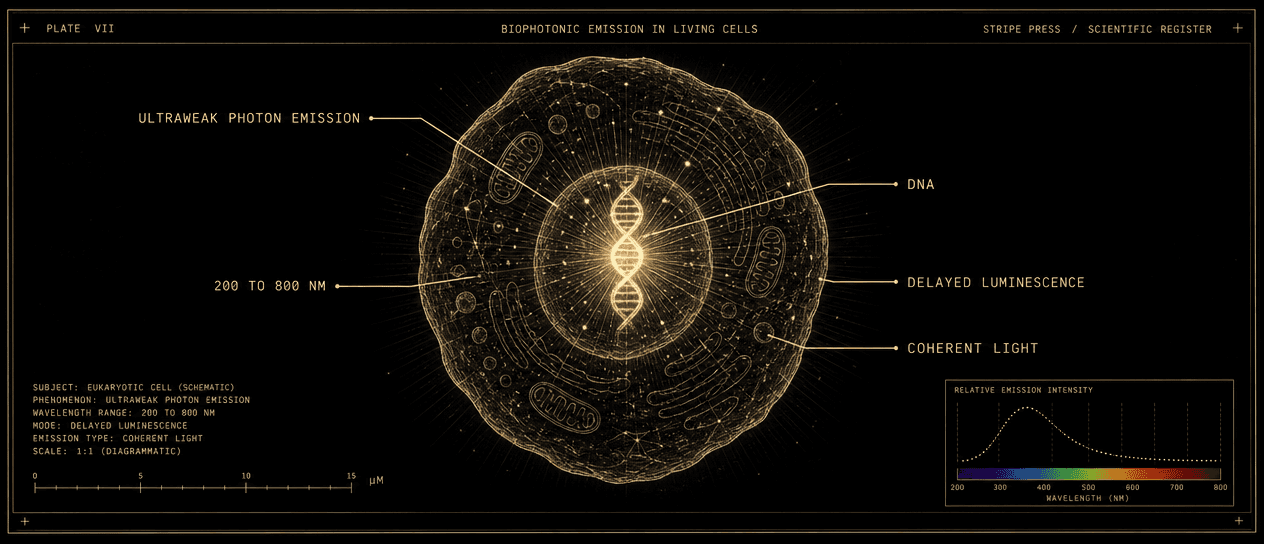 A labeled diagram in aurum on obsidian of a single glowing cell with a DNA double helix at its centre, emitting fine radiating light rays. Aurum leader lines annotate ultraweak photon emission, DNA, 200 to 800 nm, delayed luminescence, and coherent light, with an emission spectrum bar beneath.