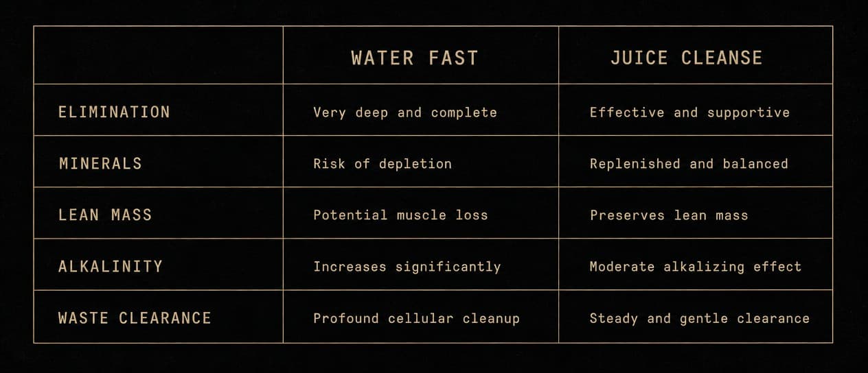A two-column comparison in aurum on obsidian, water fast against juice cleanse, across five rows: elimination, minerals, lean mass, alkalinity, and waste clearance.
