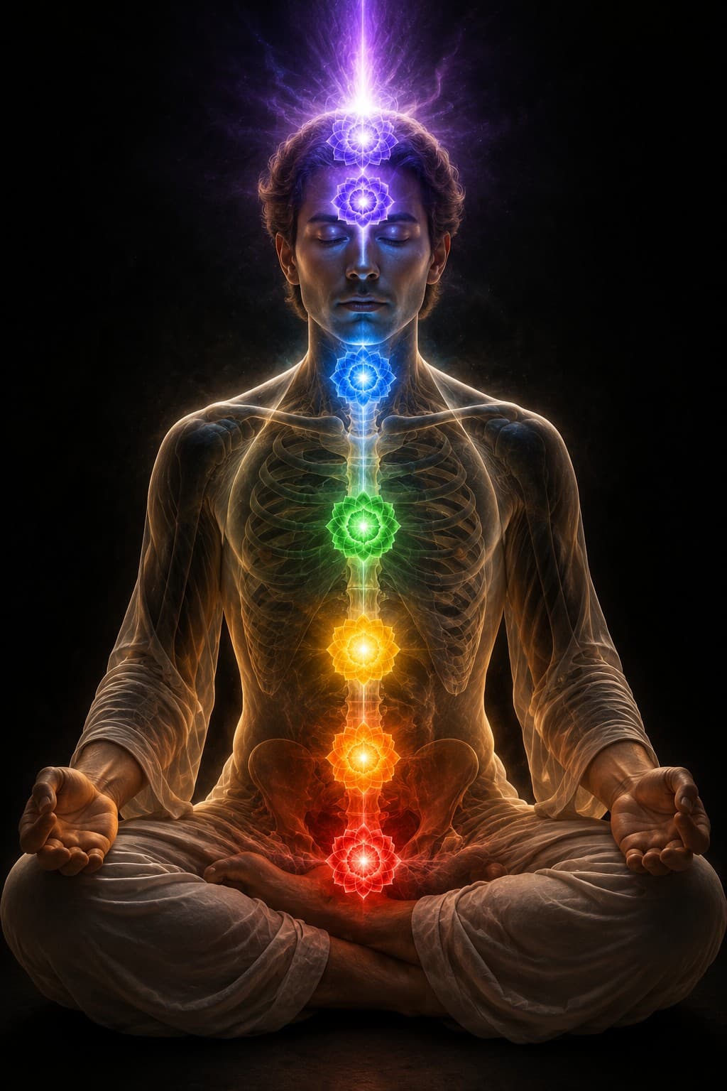 A serene human figure seated in meditation, the body shown translucent so the spine is visible as a luminous central channel, with seven glowing chakra centres ascending in their traditional colours: red at the base, orange at the lower abdomen, yellow at the solar plexus, green at the heart, blue at the throat, indigo at the brow, and violet and white radiating above the crown.