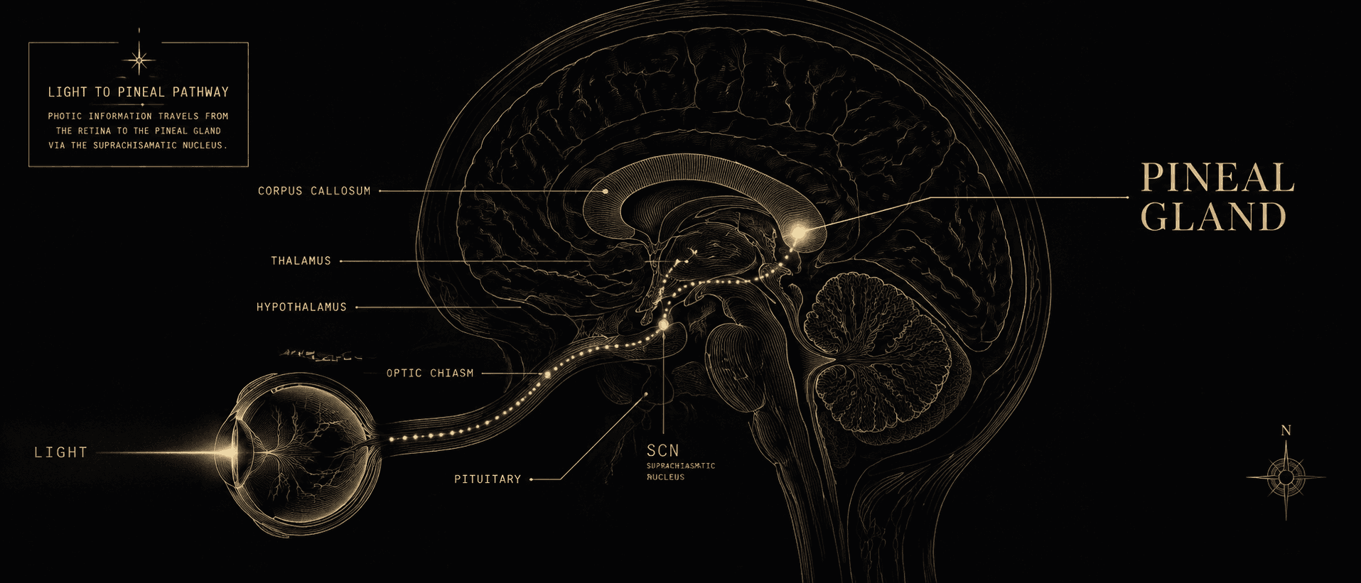 Una retícula luminosa, áurea sobre obsidiana, de vías fibroópticas ramificadas que irradian hacia fuera desde un nodo central, representando nuevas conexiones sinápticas formándose en un campo neuronal.