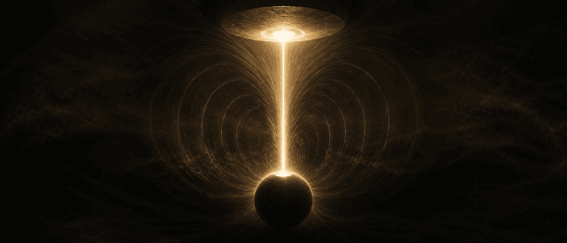 An abstract vertical circuit in aurum on deep obsidian, a bright luminous disc near the top, a dark charged sphere at the bottom, and a single straight column of golden light connecting them, with faint curved field lines arcing symmetrically between the two poles like the lines of an electric field.
