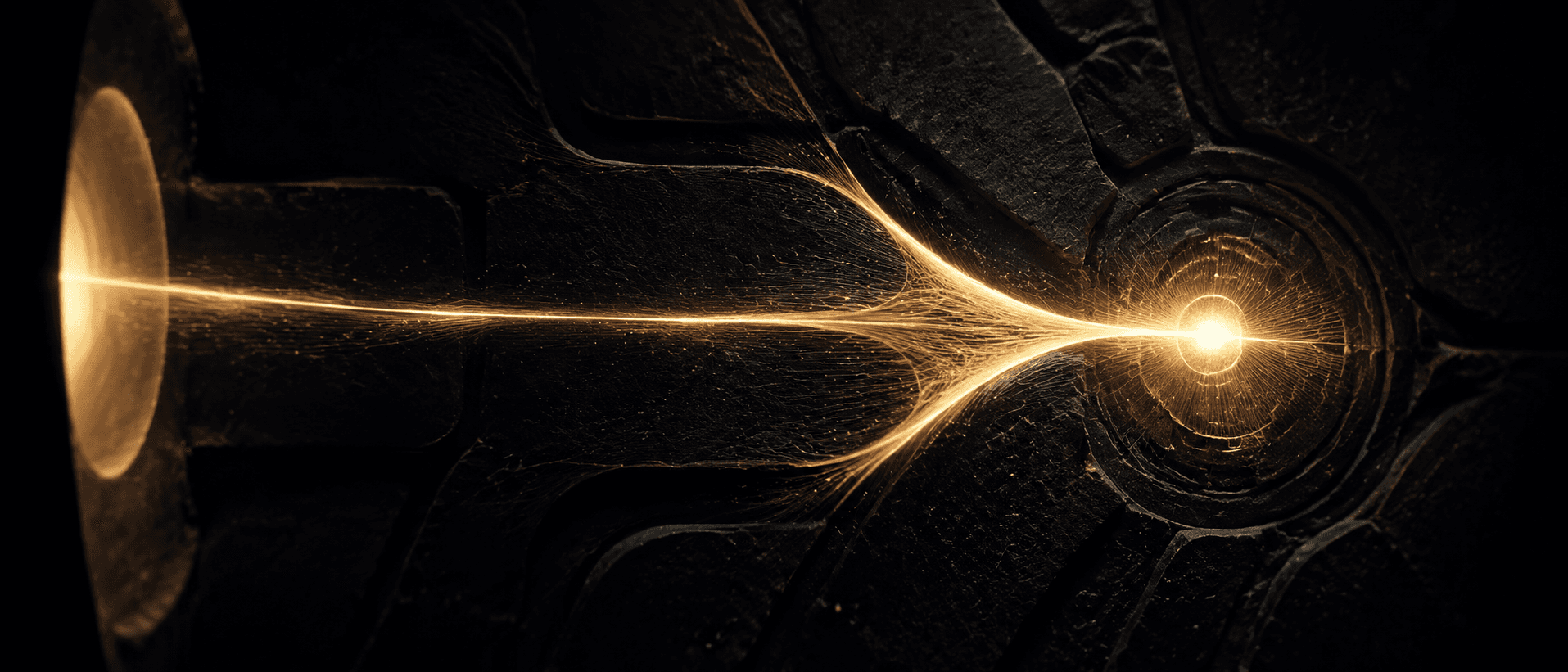 A luminous aurum branching pathway on deep obsidian, a soft circular aperture of light on one side from which a fine bright filament travels across, branching once, into a single glowing central node, like a refined fiber-optic signal cable carrying light to a core.