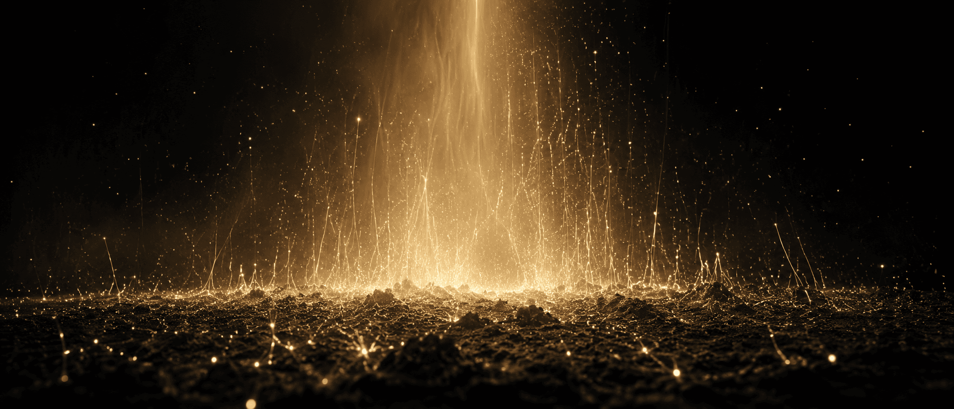 A dark textured earth surface across the bottom on deep obsidian, from which countless fine luminous aurum points and threads rise upward like sparks streaming up into a faint vertical column of light, soft volumetric glow, like long-exposure photography of golden particles ascending from dark ground.
