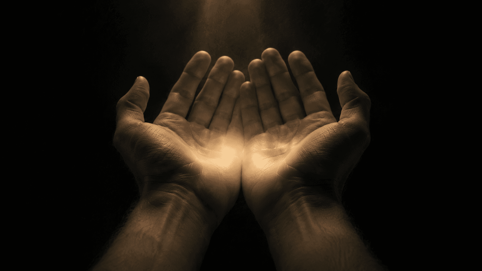 A pair of open upturned human hands, palms facing up with fingers gently spread, cupping a soft pool of warm aurum light against a deep obsidian background, lit by a single warm directional glow from above as if catching low sunlight, skin in muted desaturated tones with the aurum light gathered in the palms.