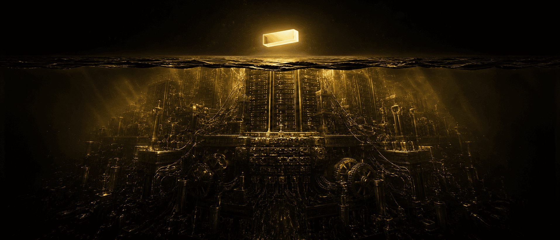 An iceberg split by a black waterline, above it a small bright weightless glowing answer box floating innocently, below it a colossal submerged cathedral of machinery, server racks, cables, gears and stacked vaults of capital dwarfing the little box, aurum light raking the submerged mass with a faint crimson glow in the depths.