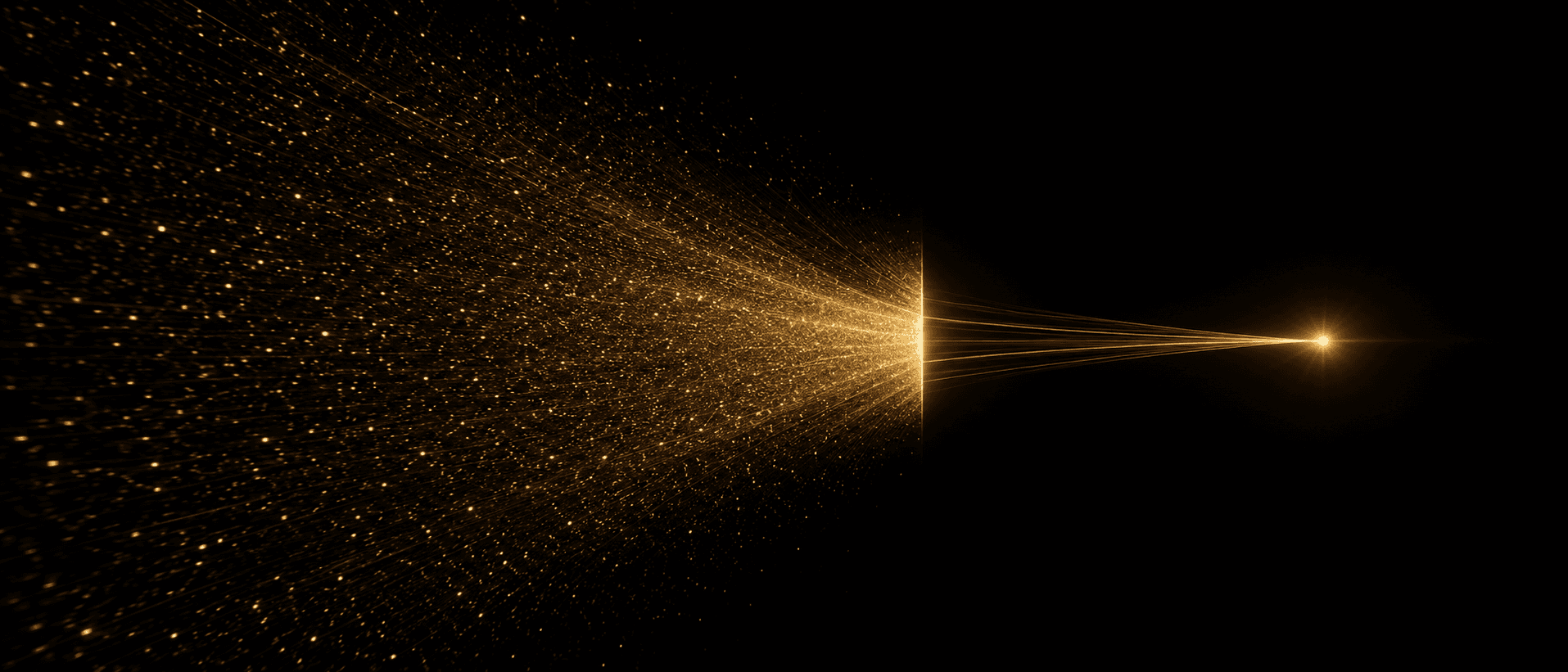 A vast torrent of countless faint motes streaming inward on deep obsidian toward a narrow luminous gate, only a few bright golden threads passing through into a single sharp point of light beyond it, the discarded flood fading into black.