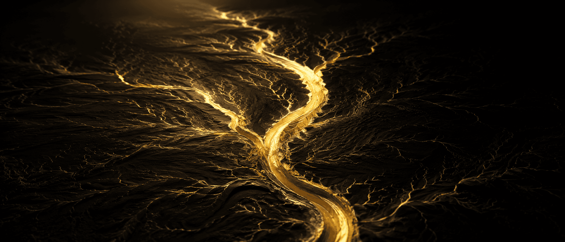 A network of fine neural pathways on deep obsidian, one channel fired repeatedly and grown thick and brilliant aurum while the unused branches around it fade to faint threads, like a deepening riverbed of gold light against black.
