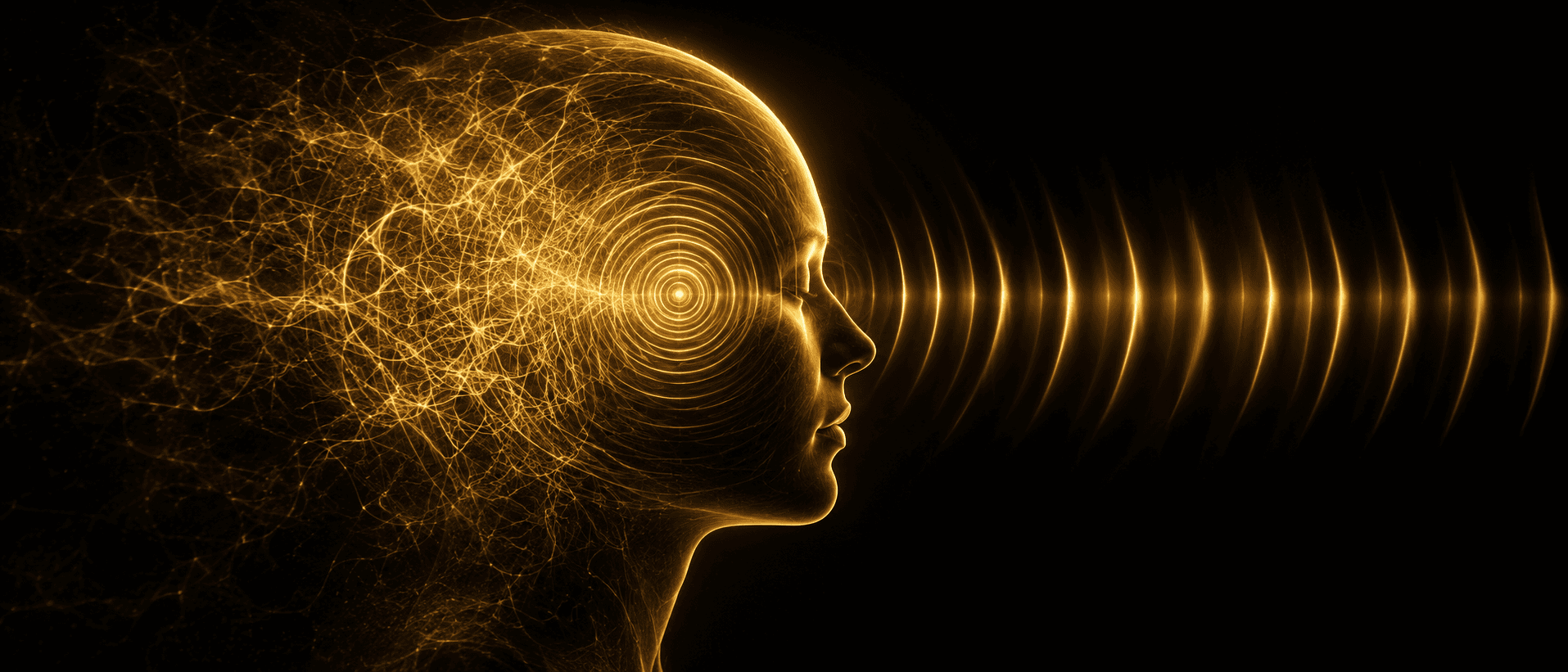 A human head in profile on deep obsidian, a turbulent tangle of restless aurum filaments at its center settling into a single calm concentric standing wave as rings of golden sound pass through it, the chaos resolving into stillness, gold light on black.