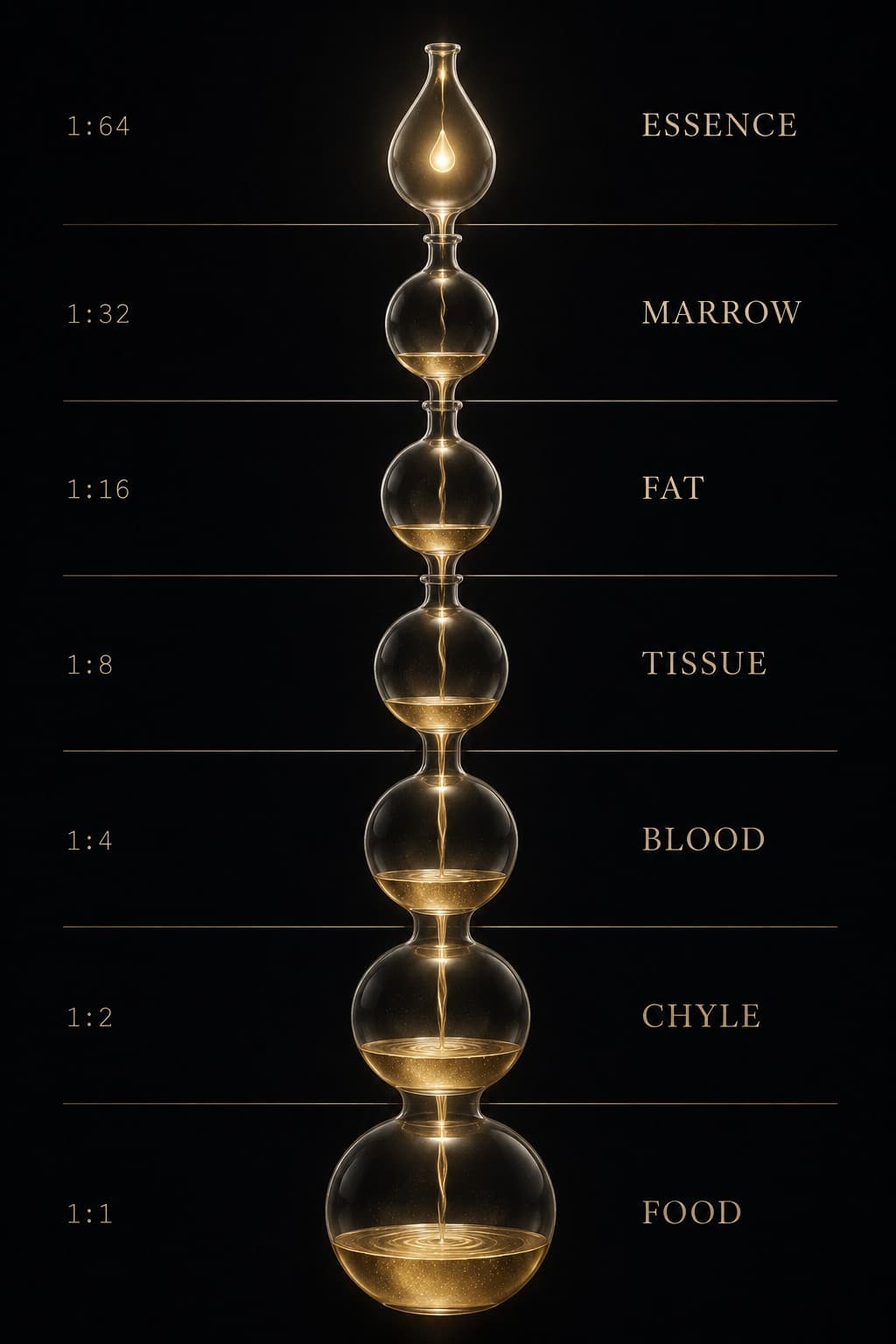 A vertical stack of seven golden distillation vessels rising against an obsidian field, each labelled with a tissue and a refinement ratio. Bottom to top: Food 1:1, Chyle 1:2, Blood 1:4, Tissue 1:8, Fat 1:16, Marrow 1:32, Essence 1:64. The classical seven-dhatu refinement, gross matter to subtle essence.