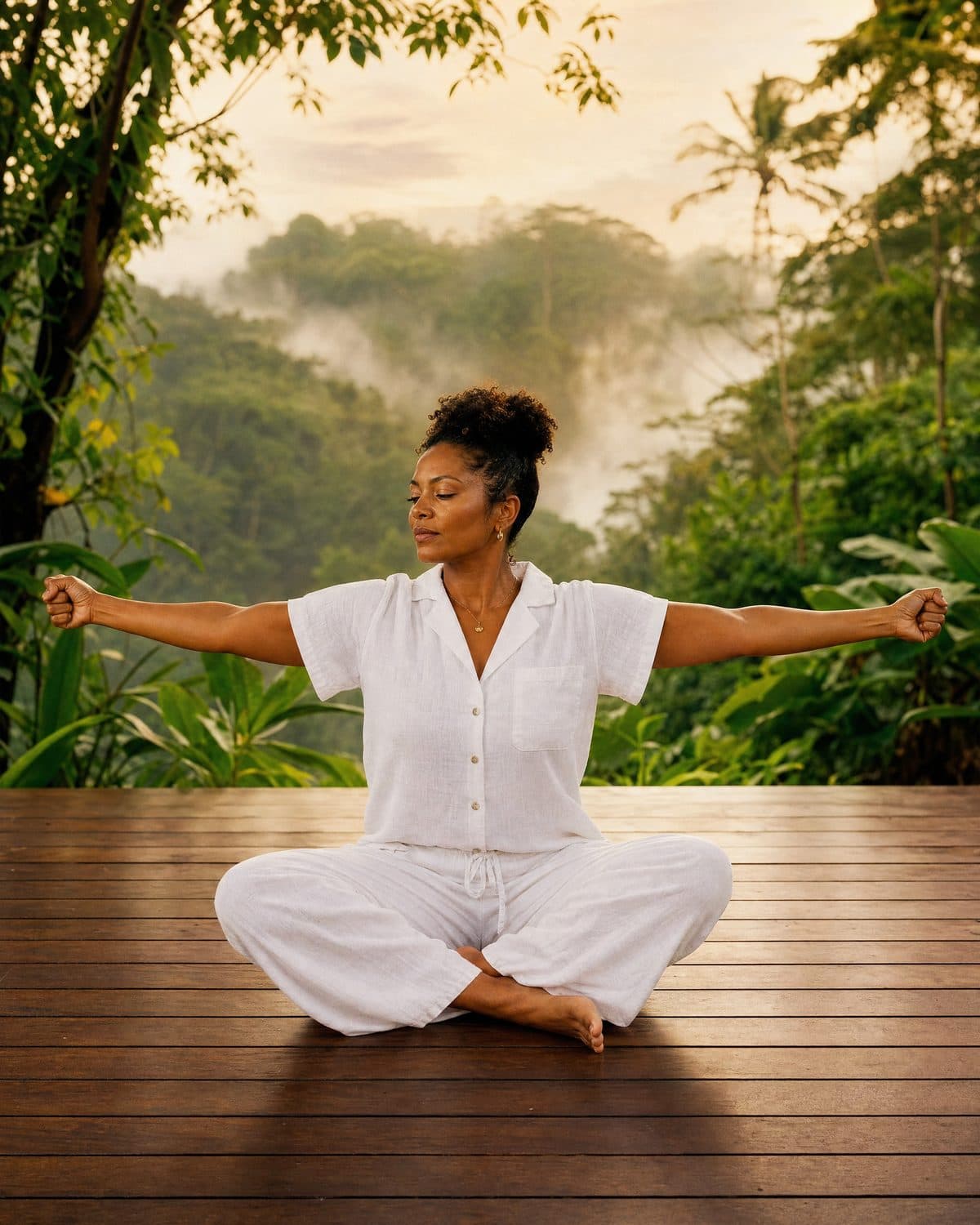 2. ln Easy Pose extend the arms straight out to the sides and parallel to the ground.