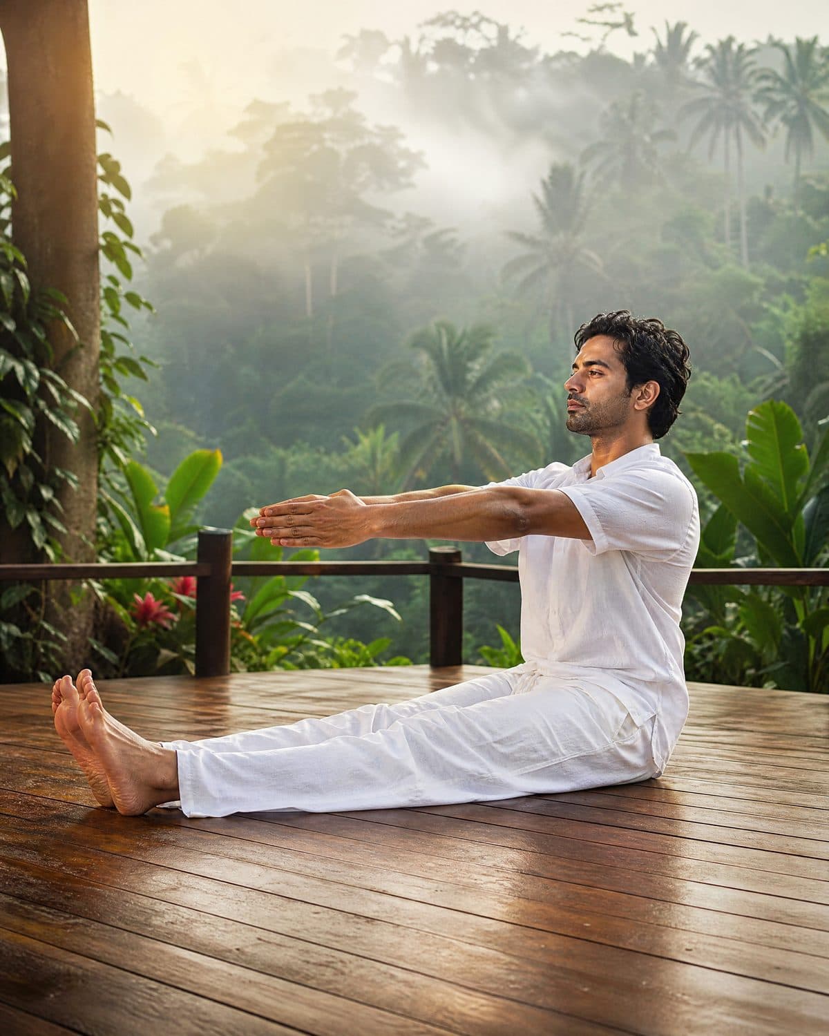 3. Remain sitting and extend the legs and arms straight out in front of you