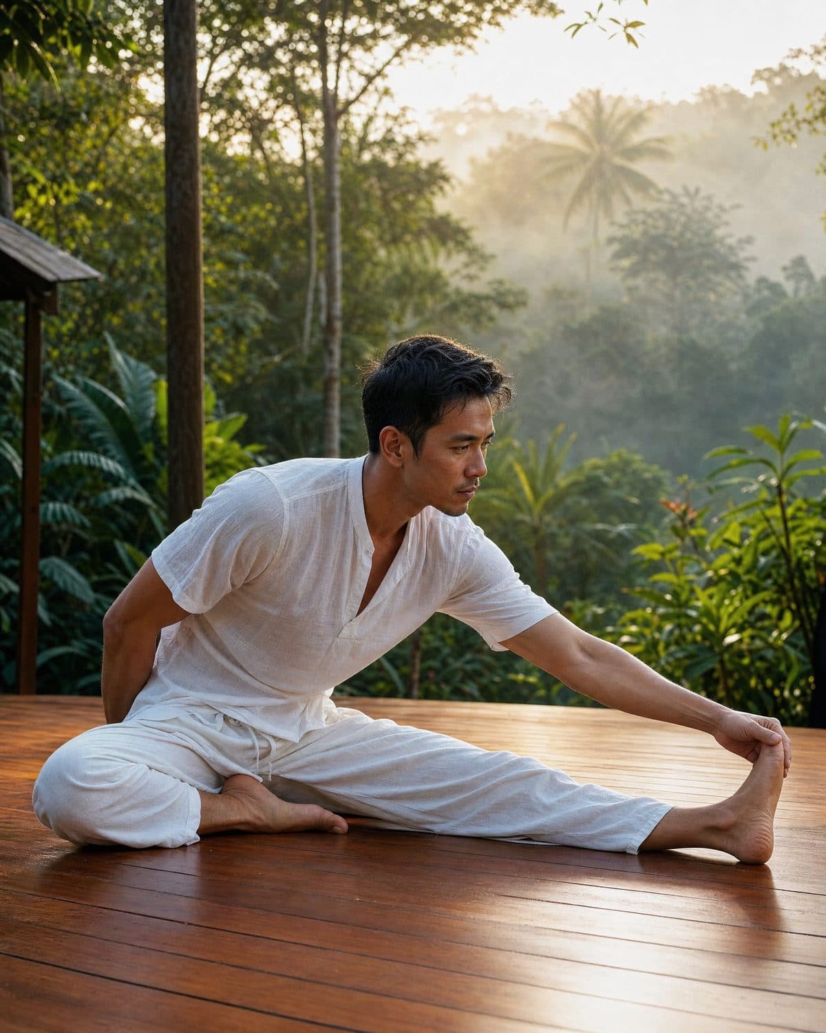 7. Sit down with the left leg stretched out straight in front of you.