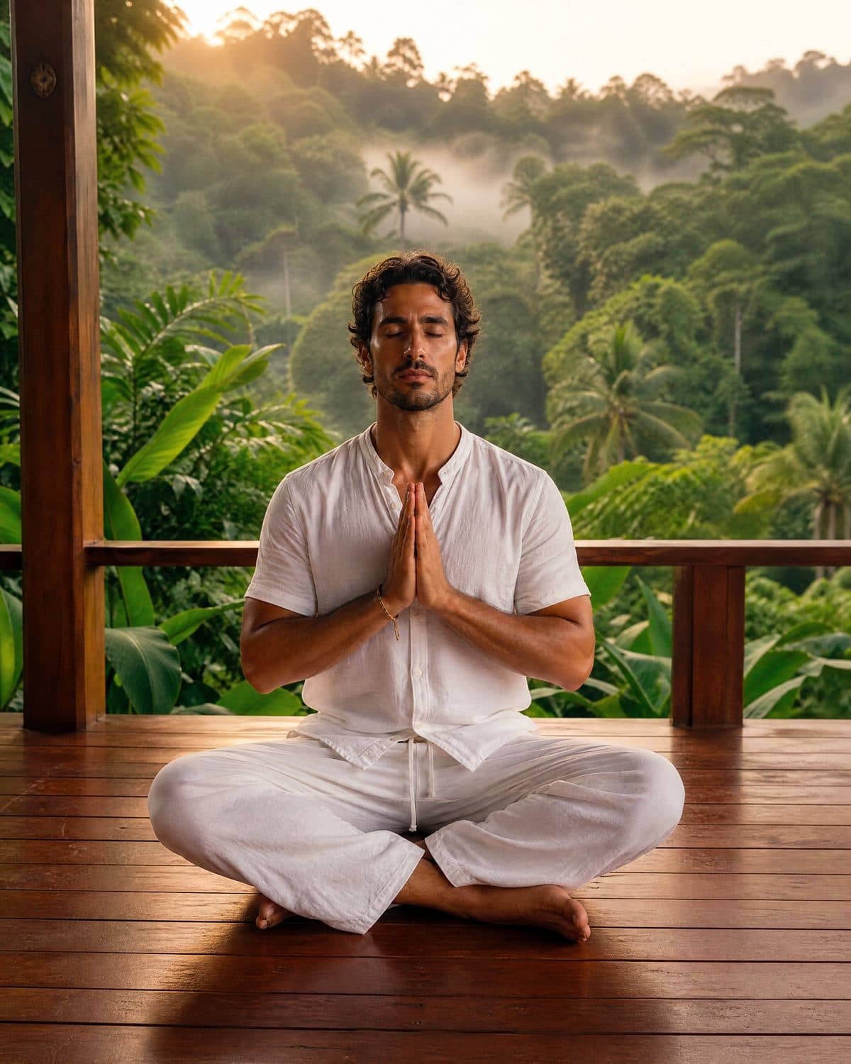 9. Remain sitting in Easy Pose with the hands folded at the chest in Prayer Mudra.