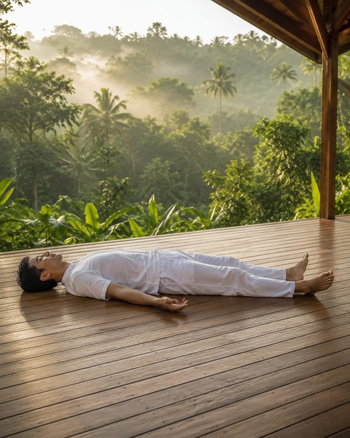 Lie flat on your back in Corpse Pose